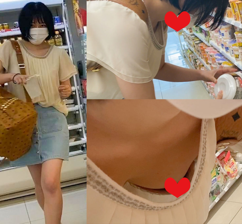 胸チラに気づかずに買い物する女の子（3人）