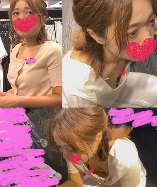 【個撮胸チラ②】《えちパイの洋服屋の店員さん》半ば迷惑な客にも笑顔で対応してくれて裾直しで乳首まで見えました。