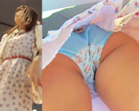 フルHD高画質パンチラ逆さ撮り135　エロ過ぎプリントクロッチのサテンブルーパンティー